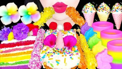 ASMR UNICORN DESSERTS *EDIBLE JELLO SHOTS, RAINBOW CAKE, TWIST DRINK, MARSHMALLOW EATING MUKBANG 먹방