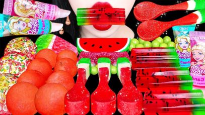 ASMR WATERMELON ICE CREAM JELLY, EDIBLE LIPSTICK, SPOONS, CANDY, GUMMY *RED DESSERTS EATING MUKBANG