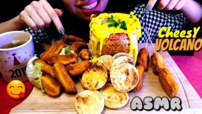 تحدي بركان الجبنه/ Cheesy volcano with croquettes challenge -ASMR
