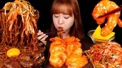 COOKING MUKBANG :) BEEF BLACK BEAN NOODLES, SPICY GREEN ONION SALAD, CHILI SHRIMP. 소고기짜장면,칠리새우,파무침