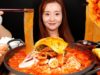 COOKING MUKBANG :) Spicy Sausage Stew, Glass Noodles, Dumplings | Army base stew(Budae-Jjigae) 부대찌개