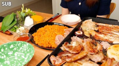 MUKBANG :) SAMYANG NEW CREAM CARBO FIRE NOODLES , SAMGYEOPSAL, FRIED RICE 크림까르보불닭, 삼겹살