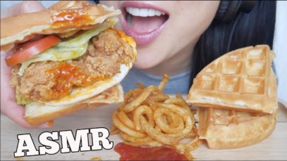 ASMR A&W SPICY CHICKEN WAFFLE SANDWICH BURGER + CURLY FRIES (EATING SOUNDS) NO TALKING | SAS-ASMR