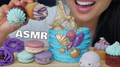 ASMR BLUE & PURPLE MERMAID CAKE + MACARON + MOCHI + CUP CAKES (EATING SOUNDS) NO TALKING | SAS-ASMR