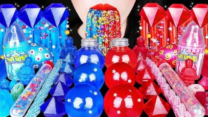 ASMR BLUE&RED DESSERTS *GIANT STAR JELLY, BULB JUICE, GALAXY NOODLES, BOTTLE CANDY EATING SOUNDS 먹방