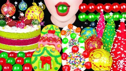 ASMR CHRISTMAS DESSERTS *EDIBLE TREE, JELLO JELLY, RED&GREEN CAKE, CHOCOLATE, MACARON EATING MUKBANG