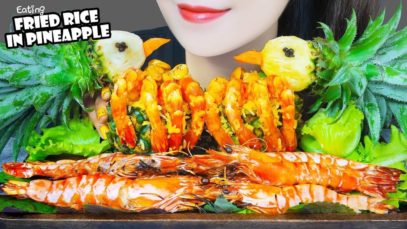 ASMR COOKING FRIED RICE IN PINEAPPLE X GRILLED SHRIMPS , EATING SOUND | LINH-ASMR