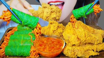 ASMR EATING FRIED CHICKEN LEGS X SESAME LEAF ROLLED FIRE NOODLES , EATING SOUNDS | LINH-ASMR