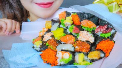 ASMR EATING SUSHI CORN FLOWER , HAPPY VIETNAMESE TEACHER DAY , EATING SOUNDS | LINH-ASMR