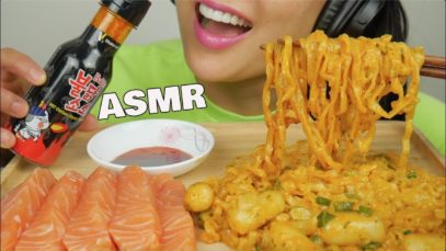 ASMR FIRE SAUCE + SALMON SASHIMI + CHEESY RICE CAKES NOODLES (EATING SOUNDS) NO TALKING | SAS-ASMR