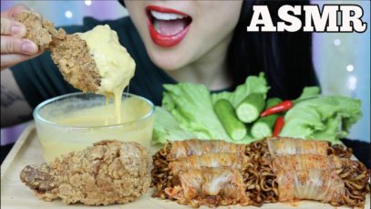 ASMR FRIED CHICKEN CHEESE SAUCE + KIMCHI WRAP BLACKBEAN NOODLE (EATING SOUND) NO TALKING | SAS-ASMR