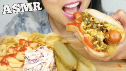 ASMR FULLY LOADED HOT DOG + CHIPS + FRIES + PICKLES (EATING SOUNDS) NO TALKING | SAS-ASMR
