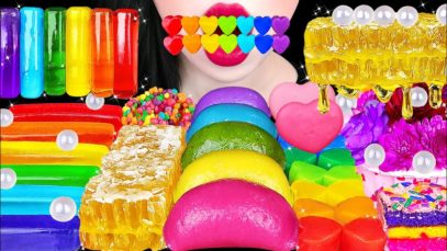 ASMR MOST POPULAR RAINBOW DESSERTS *HONEYCOMB, RAINBOW TTEOK, MACARONS, ROPE JELLY EATING SOUNDS  먹방