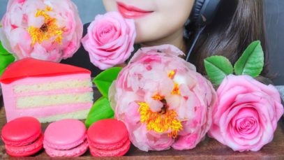 ASMR PINK FOOD (EDIBLE FLOWER,RICE ROSE,RICE PEONY,STRAWBERRYCAKE,MACARON)EATING SOUNDS | LINH ASMR