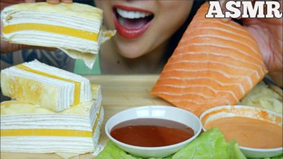 ASMR SALMON SASHIMI SLAB FIRE SAUCE SPICY MAYO MANGO CREPE CAKE (EATING SOUND) NO TALKING | SAS-ASMR
