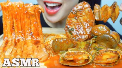 ASMR SPICY GIANT ABALONE + SALMON NOODLES ENOKI OYSTER MUSHROOMS EATING SOUND NO TALKING | SAS-ASMR