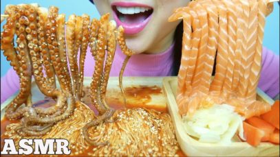 ASMR SPICY OCTOPUS vs. SALMON NOODLES + FIRE SAUCE + ENOKI (EATING SOUNDS) NO TALKING | SAS-ASMR