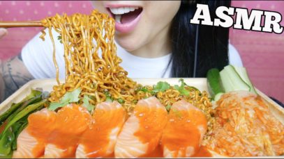 ASMR SPICY SAMYANG MALA NOODLES + SALMON SASHIMI + KIMCHI (EATING SOUNDS) NO TALKING | SAS-ASMR