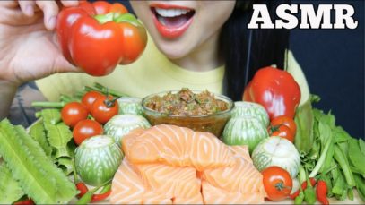 ASMR SPICY THAI DIPPING SAUCE + SALMON SASHIMI + FRESH VEGGIES (EATING SOUNDS) NO TALKING | SAS-ASMR