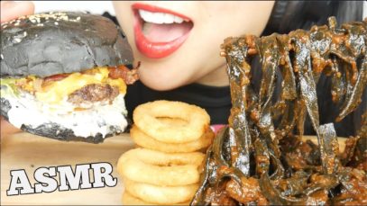 ASMR SQUID INK FETTUCCINE + ONION RINGS + CHEESE BURGER (EATING SOUNDS) NO TALKING | SAS-ASMR