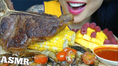 ASMR T-BONE STEAK + PORTOBELLO MUSHROOMS CORN MANGO RASPBERRY (EATING SOUNDS) NO TALKING | SAS-ASMR