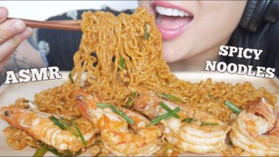 ASMR TIGER PRAWNS SPICY NOODLES + MOCHI (SOFT CRUNCHY STICKY EATING SOUNDS) NO TALKING | SAS-ASMR
