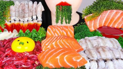 ASMR BABY SQUID, RAW BEEF, SALMON, SEA GRAPES 꼴뚜기, 육회, 연어회, 바다포도 먹방 SEAFOOD MUKBANG EATING SOUNDS