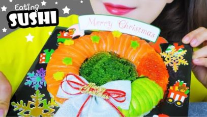 ASMR CHRISTMAS SUSHI CAKE ( RAW SALMON X SALMON EGGS , TOBIKO EGGS ) EATING SOUNDS | LINH-ASMR