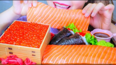 ASMR EATING RAW SALMON EGGS WITH RICE X SALMON SASHIMI X SUSHI CORN , EATING SOUND | LINH-ASMR
