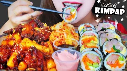 ASMR KOREAN  SPICY CHICKEN X RICE CAKE X KIMPAP EATING SOUNDS LINH-ASMR