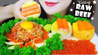 ASMR KOREAN STYLE RAW BEEF X RAW SALMON EGGS X SUSHI , EATING SOUNDS | LINH-ASMR