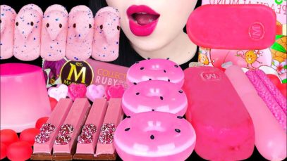 ASMR PINK DESSERTS *HOT PINK DONUT, MAGNUM ICE CREAM, PEEPS MARSHMALLOW, CUP JELLY EATING MUKBNAG 먹방