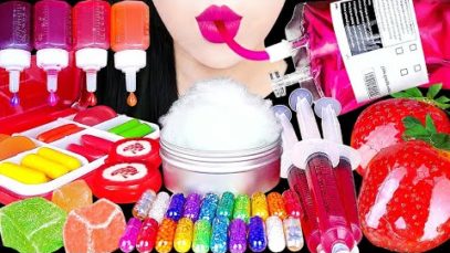 ASMR RAINBOW CAPSULE, STRAWBERRY TANGHULU, RED BOTTLES, COTTON CANDY, GUMMY EATING SOUNDS MUKBANG 먹방