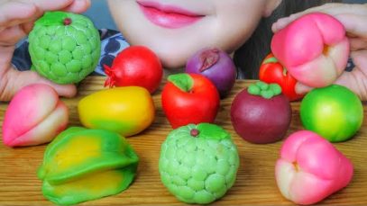 ASMR EATING HOMEMADE FRUIT SHAPED RICE CAKE ( Peach , mango , coconut …) EATING SOUNDS | LINH-ASMR