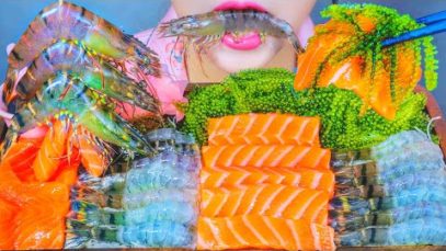 ASMR EATING RAW SHRIMPS X RAW SALMON X SEA GRAPES , EATING SOUND | LINH-ASMR