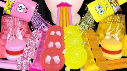 ASMR PINK YELLOW DESSERTS 스폰지밥 매직캔디, 틱톡 챌린지 EDIBLE SPONGEBOB, TIKTOK CANDY, JELLY EATING MUKBANG 먹방
