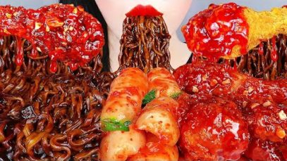 ASMR SPICY CHICKEN, BLACK BEAN NOODLES 양념치킨, 짜장라면, 총각김치 KOREAN RADISH KIMCHI EATING SOUNDS MUKBANG먹방