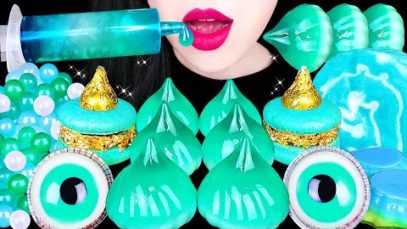 ASMR CLEAR TEAL FOOD 에메랄드색 먹방 JELLO SHOOTER, EYEBALL JELLY, POPPING CAKE EATING SOUNDS MUKBANG