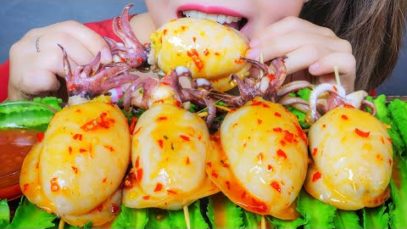 ASMR FRIED SQUID STUFFED WITH FIRE NOODLES X SPICY FISH SAUCE X BEAN EATING SOUNDS | LINH-ASMR