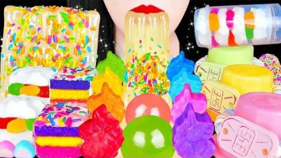 ASMR UNICORN RAINBOW DESSERTS 유니콘 디저트, 무지개 캔디 RAINBOW CANDY, JELLY NODDLES EATING MUKBANG 먹방