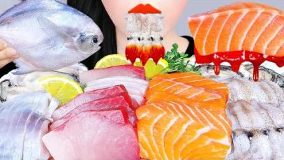 ASMR BABY SQUID, SALMON, OYSTER, HAMACHI 방어회, 꼴뚜기, 석화, 병어회 *모둠회 먹방 RAW SEAFOOD EATING SOUNDS MUKBANG
