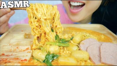 ASMR CHEESY NOODLES RICE CAKES + SPAM KIMCHI (SOFT STICKY CRUNCHY EATING SOUND)NO TALKING | SAS-ASMR