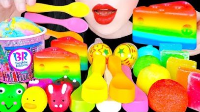 ASMR RAINBOW CHEESECAKE JELLY, EDIBLE SPOON, ICE CREAM 무지개 치즈케이크 젤리, 먹는 숟가락, 아이스크림 먹방 EATING SOUNDS