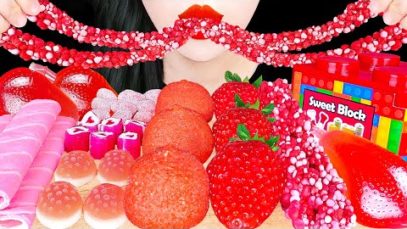 ASMR RED BLOCK CANDY, STRAWBERRY MARSHMALLOW, FRUITS JELLY, NERDS ROPE JELLY, GUMMY EATING SOUNDS 먹방