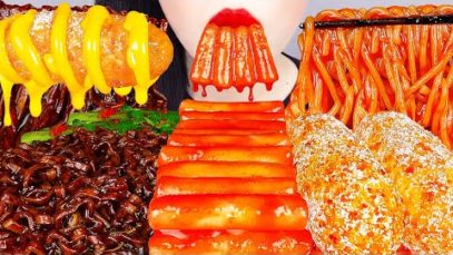 ASMR SPICY TTEOKBOKKI, BLACK BEAN NOODLES, MOZZARELLA CORN DOG 떡볶이, 짜장라면,모짜렐라 핫도그 EATING SOUNDS 먹방