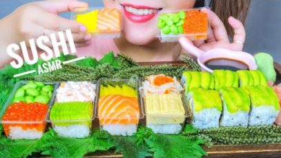 ASMR EATING SUSHI ( SALMON , EGGS , AVOCADO , BEAN , SEAGRAPES), EATING SOUNDS | LINH-ASMR