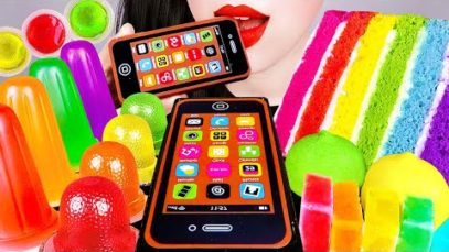 ASMR EDIBLE iPHONE, RAINBOW CREPE CAKE, KOHAKUTO 먹는 핸드폰, 무지개 케이크, 무지개 젤리, 마시멜로우 먹방 EATING SOUNDS
