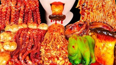 ASMR SPICY MUSHROOM PLATTER, OCTOPUS, ABALONE 팽이버섯, 매운 낙지, 전복먹방 ENOKI MUSHROOM COOKING&EATING SOUNDS