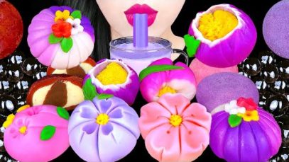 ASMR PURPLE PINK RICE CAKE, ICE CREAM, STRAWBERRY RICE CAKE 화과자, 딸기찹쌀떡, 아이스크림, 타로밀크티 먹방EATING SOUNDS