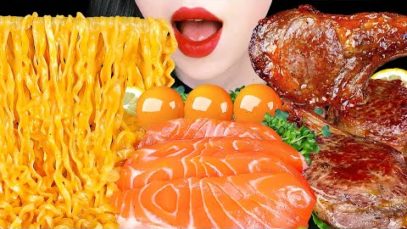 ASMR SALMON, TANGHULU, SPICY CREAMY NOODLES, STEAK 연어회, 탕후루, 스테이크, 크림진짬뽕 먹방 EATING SOUNDS MUKBANG